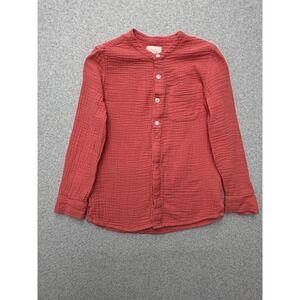 Mini‎ Boden Shirt Youth 7-8Y Red Cotton Gauze Long Sleeve Henley Crinkle Pocket